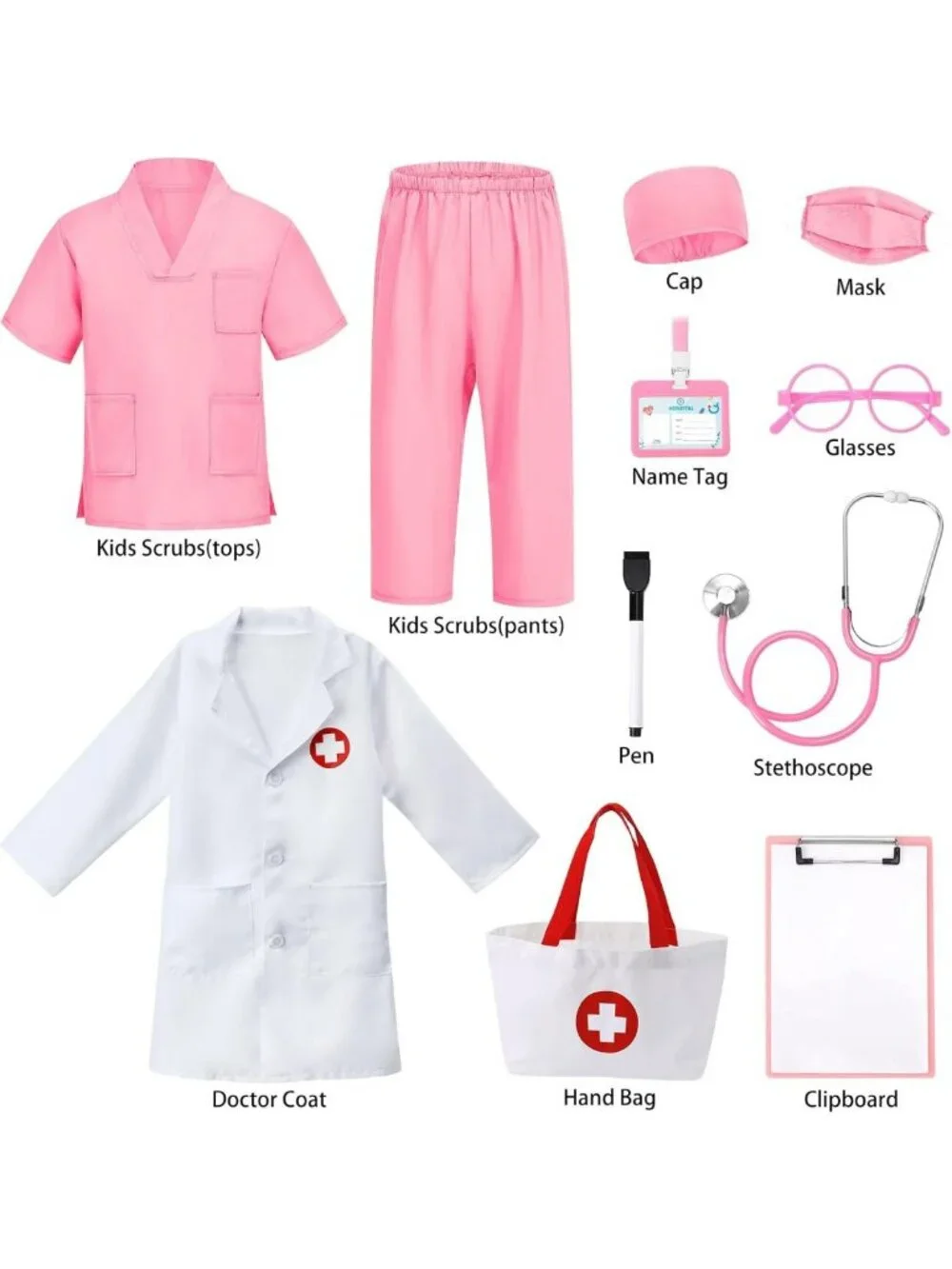 12 PCS Kids Doctor Costume Set - Scrubs, Lab Coat & Nurse Outfit for Career Day